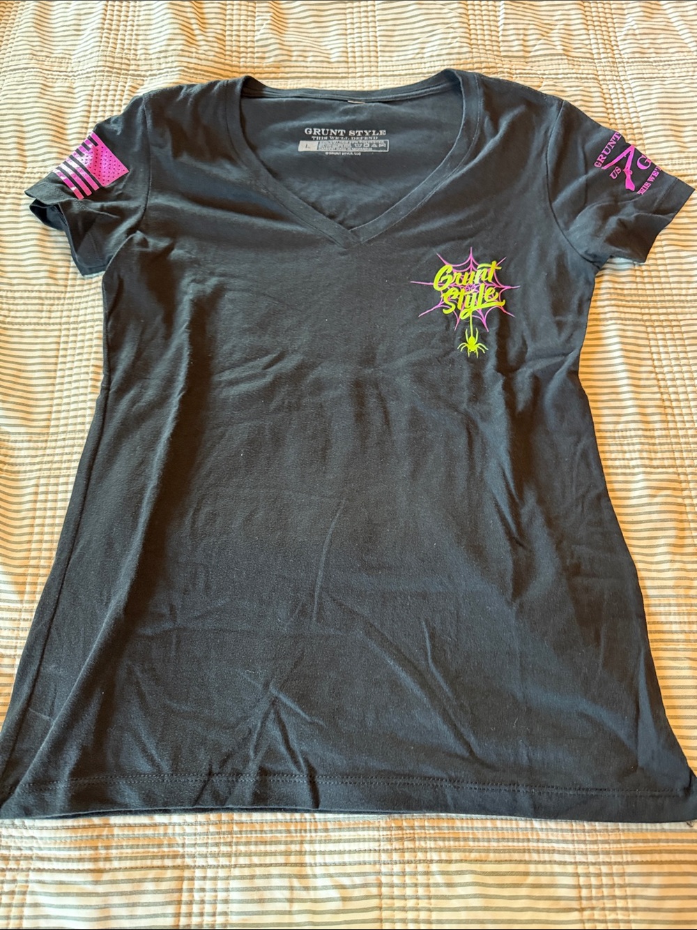 Grunt Style Black Tee with Neon Yellow and Pink Logo